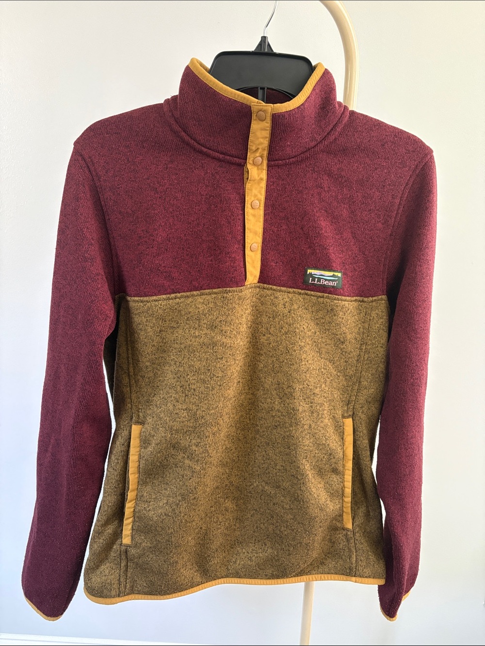 L.L. Bean Men’s Sweater Fleece Pullover Colorblock Burgundy Mustard - Size S